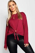 Boohoo Plus Tie Front Cotton Long Sleeve T-shirt