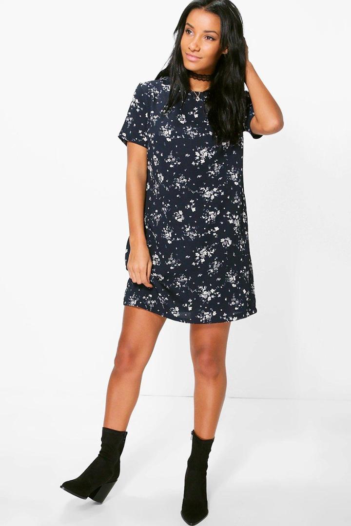 Boohoo Larissa Floral Printed Cap Sleeve Shift Dress Navy