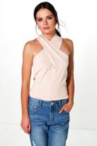 Boohoo Willow Compact Rib Wrap Front Halter Neck Top Nude