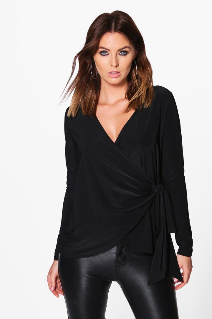 Boohoo Ava Slinky Wrap Front Longline Top Black