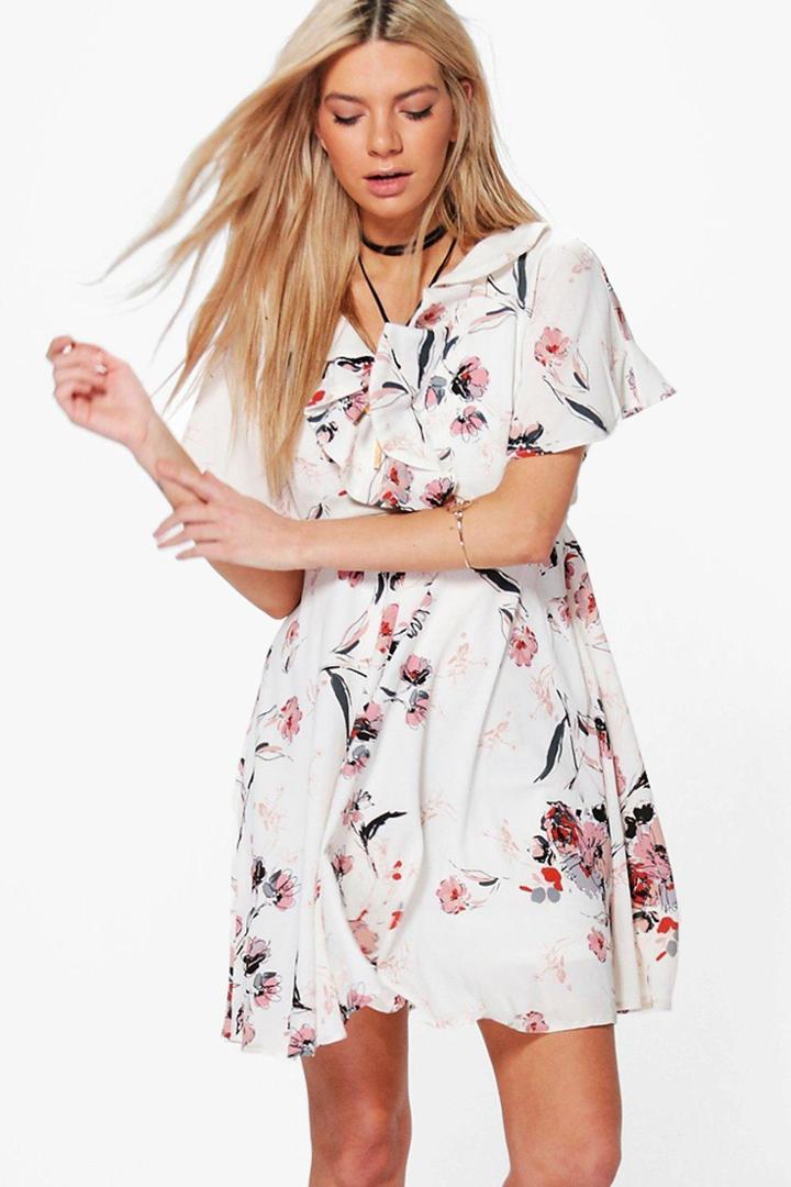Boohoo Sabra Floral Ruffle Bolo Tie Tea Dress White