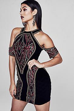 Boohoo Premium Louise Velvet And Sequin Baroque Dress