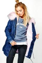 Boohoo Erin Boutique Denim Faux Fur Parka Blue