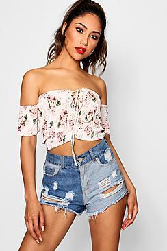 Boohoo Skye Floral Shirred Bardot Crop