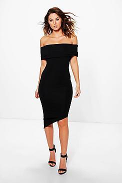 Boohoo Zoe Off Shoulder Asymmetric Hem Midi Dress