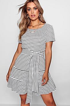 Boohoo Plus Rosie Stripe Belted Tiered Smock Dress