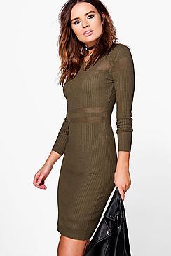 Boohoo Lois Rib Detail Long Sleeve Dress