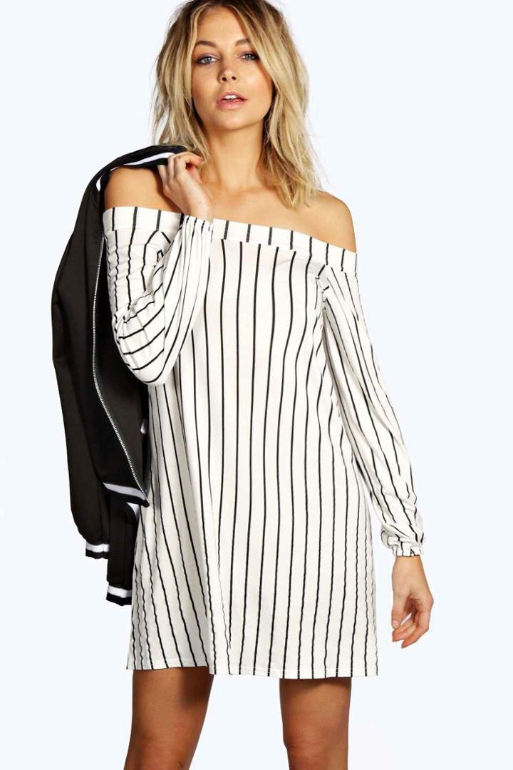 Boohoo Kerrie Stripe Off The Shoulder Shift Dress Multi