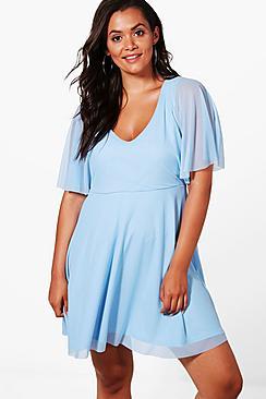 Boohoo Plus Diana Mesh Drape Sleeve Skater Dress