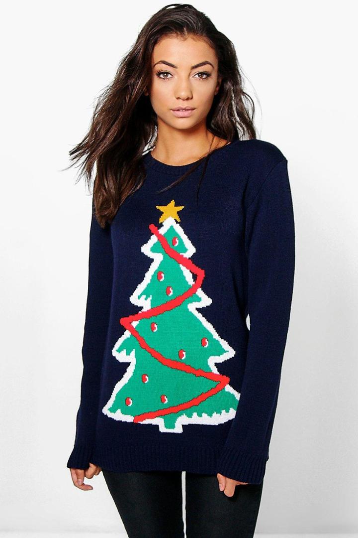 Boohoo Tall Saige Christmas Tree Jumper Navy