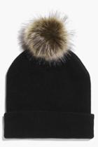 Boohoo Brooke Basic Beanie Detachable Fur Pom Natural