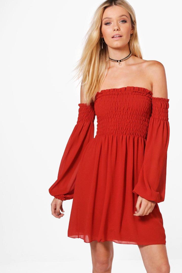 Boohoo Natasha Woven Off The Shoulder Shift Dress Rust