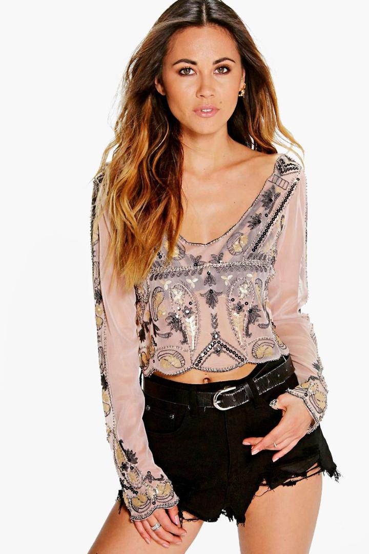 Boohoo Grace Embellished Barely There Crop Top Nude