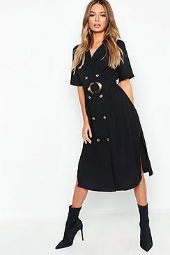 Boohoo Horn Button Front Belted Blazer Dress