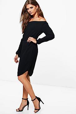 Boohoo Tall Phoebe Belted Off The Shoulder Dress