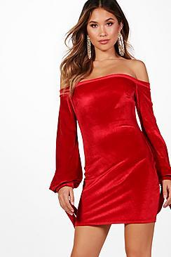 Boohoo Lisa Velvet Off The Shoulder Bodycon Dress