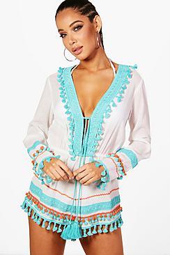 Boohoo Jessica Pom Pom Tassel Playsuit