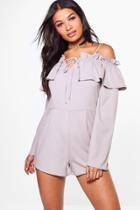 Boohoo Hanna Cold Shoulder Frill Detail Playsuit Grey