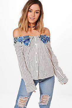 Boohoo Petite Ava Applique Off The Shoulder Shirt