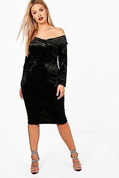 Boohoo Plus Lucy Crushed Velvet Bardot Dress
