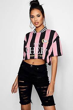 Boohoo Sally Slogan Sports Stripe Football Crop Shirt