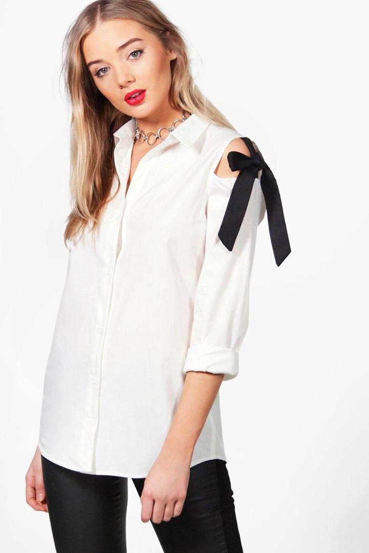 Boohoo Fabienne Tie Detail Cold Shoulder Shirt Cream