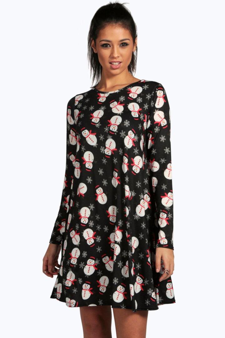 Boohoo Eve Printed Snowman Swing Christmas Dress Black