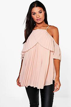 Boohoo Cold Shoulder Pleated Ruffle Top
