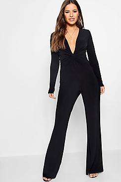 Boohoo Petite Polly Knot Front Plunge Jumpsuit