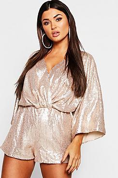 Boohoo Sequin Twist Front Kimono Sleeve Playsuit