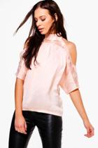 Boohoo Heidi Lace Insert High Neck Cold Shoulder Blouse Nude