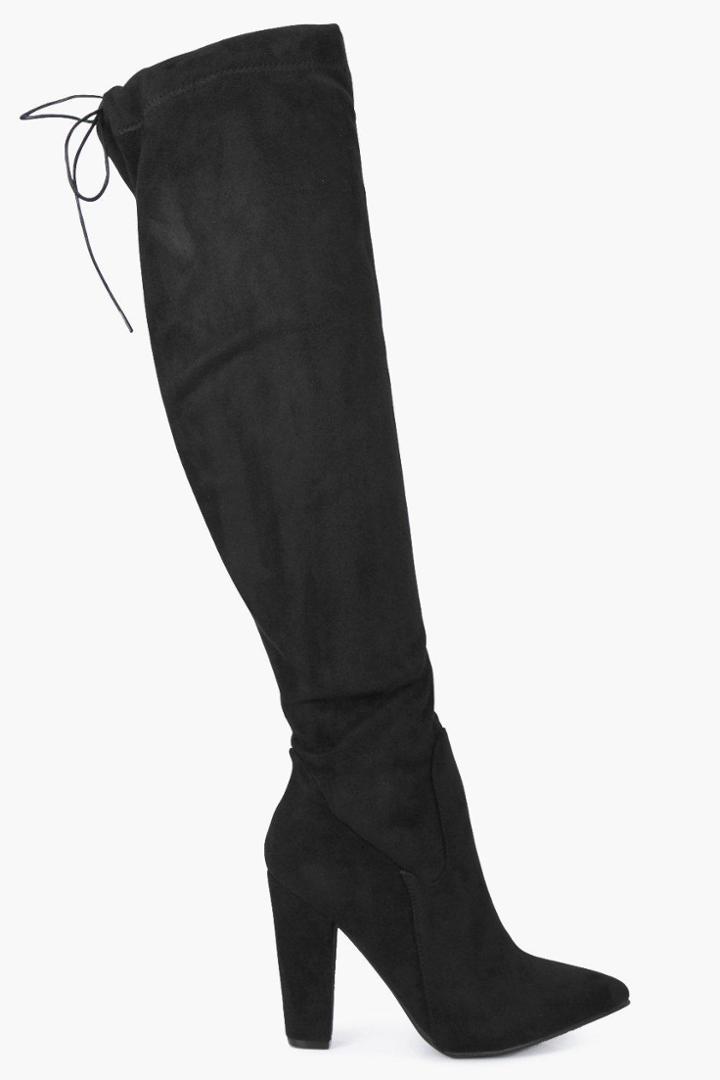 Boohoo Rose Over Knee Pointed Block Heel Boot Black