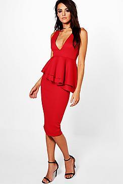 Boohoo Cera Asymmetric Peplum Plunge Neck Midi Dress