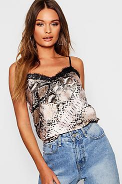 Boohoo Snake Print Satin Cami With Lace Trim