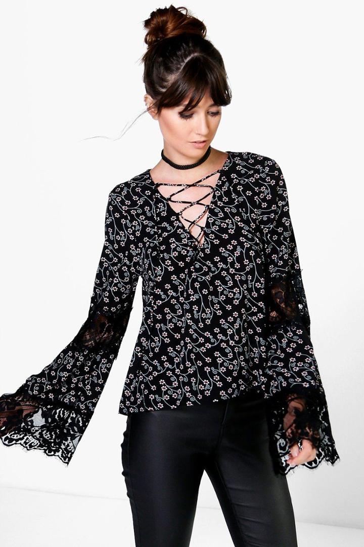 Boohoo Isla Ditsy Floral Lace Up Eyelash Lace Sleeve Blouse Black