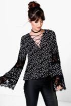 Boohoo Isla Ditsy Floral Lace Up Eyelash Lace Sleeve Blouse Black