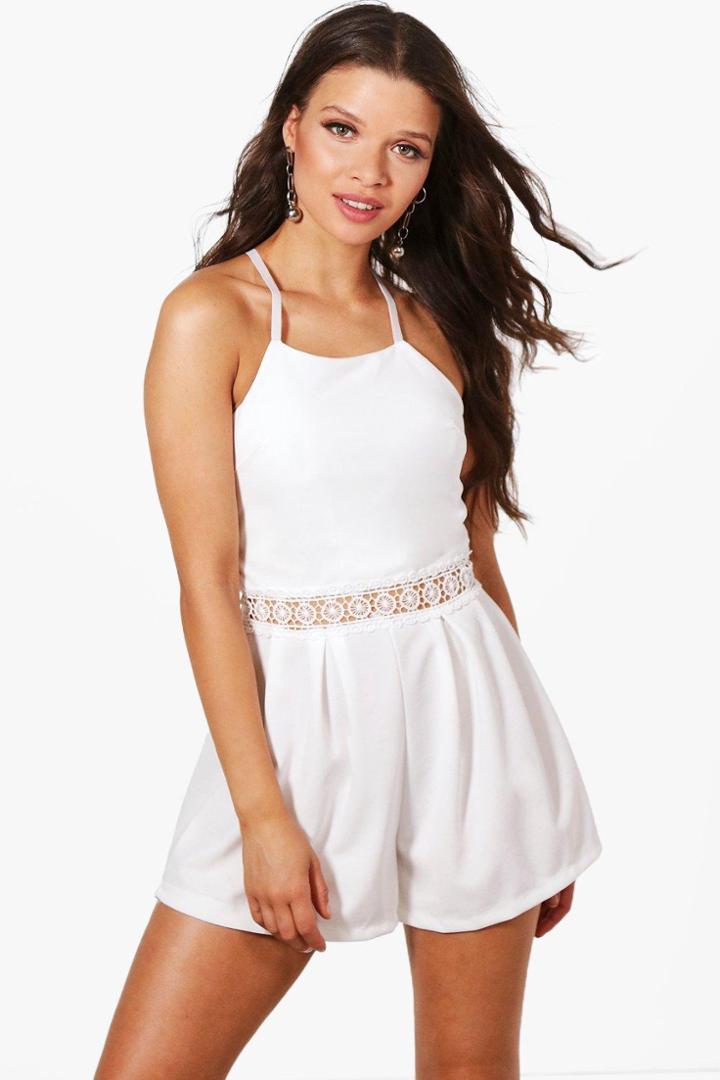 Boohoo Lianne Crochet Trim Playsuit White