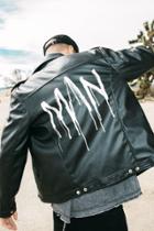 Boohoo Pu Biker Jacket With Man Back Print Black