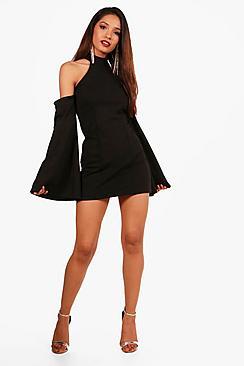 Boohoo Petite Holly Crepe Cold Shoulder Mini Dress