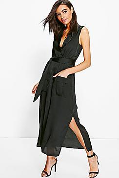 Boohoo Jennie Utility Pocket Wrap Satin Dress