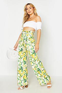 Boohoo Petite Lemon Print Wide Leg Trousers