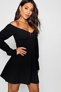 Boohoo Off Shoulder Tortoise Shell Buckle Bodycon Dress