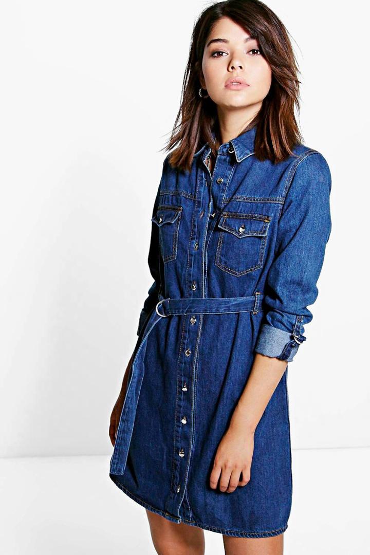 Boohoo Amy Belted Button Front Denim Dress Indigo