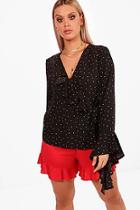 Boohoo Plus Lorna Spot Print Ruffle Tie Blouse