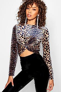 Boohoo Leopard Velvet Twist Crop Top