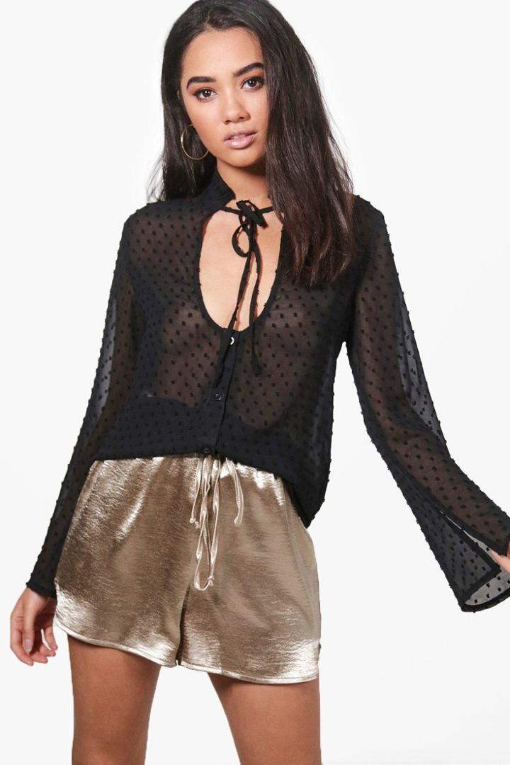 Boohoo Petite Alana Spot Detail Blouse Black