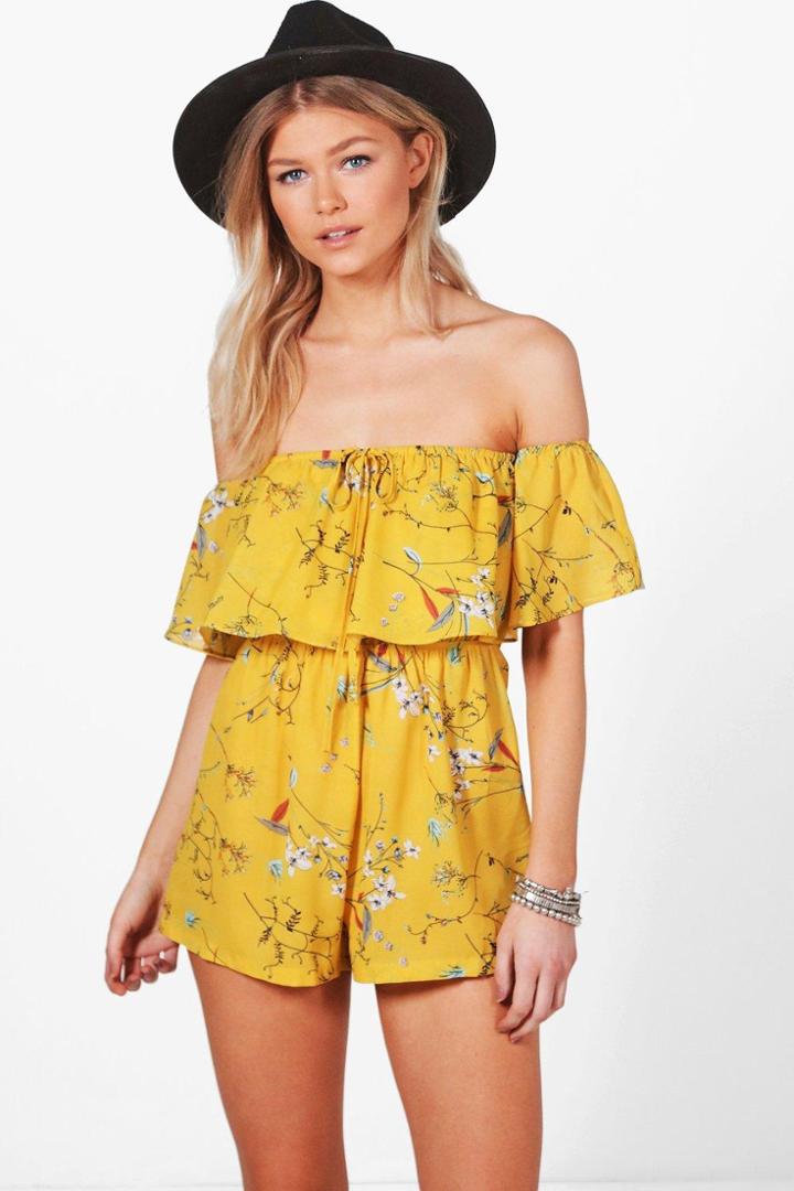 Boohoo Petite Ella Off The Shoulder Frill Playsuit Mustard