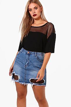 Boohoo Plus Paige Net Detail Fray Hem Denim Skirt