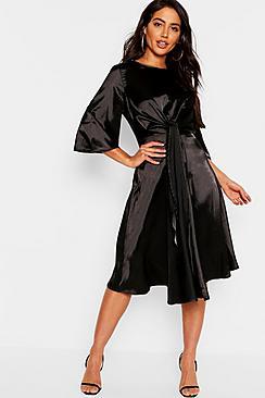 Boohoo Satin Knot Front Kimono Sleeve Midi Dress