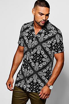 Boohoo Black Mandala Print Short Sleeve Revere Shirt